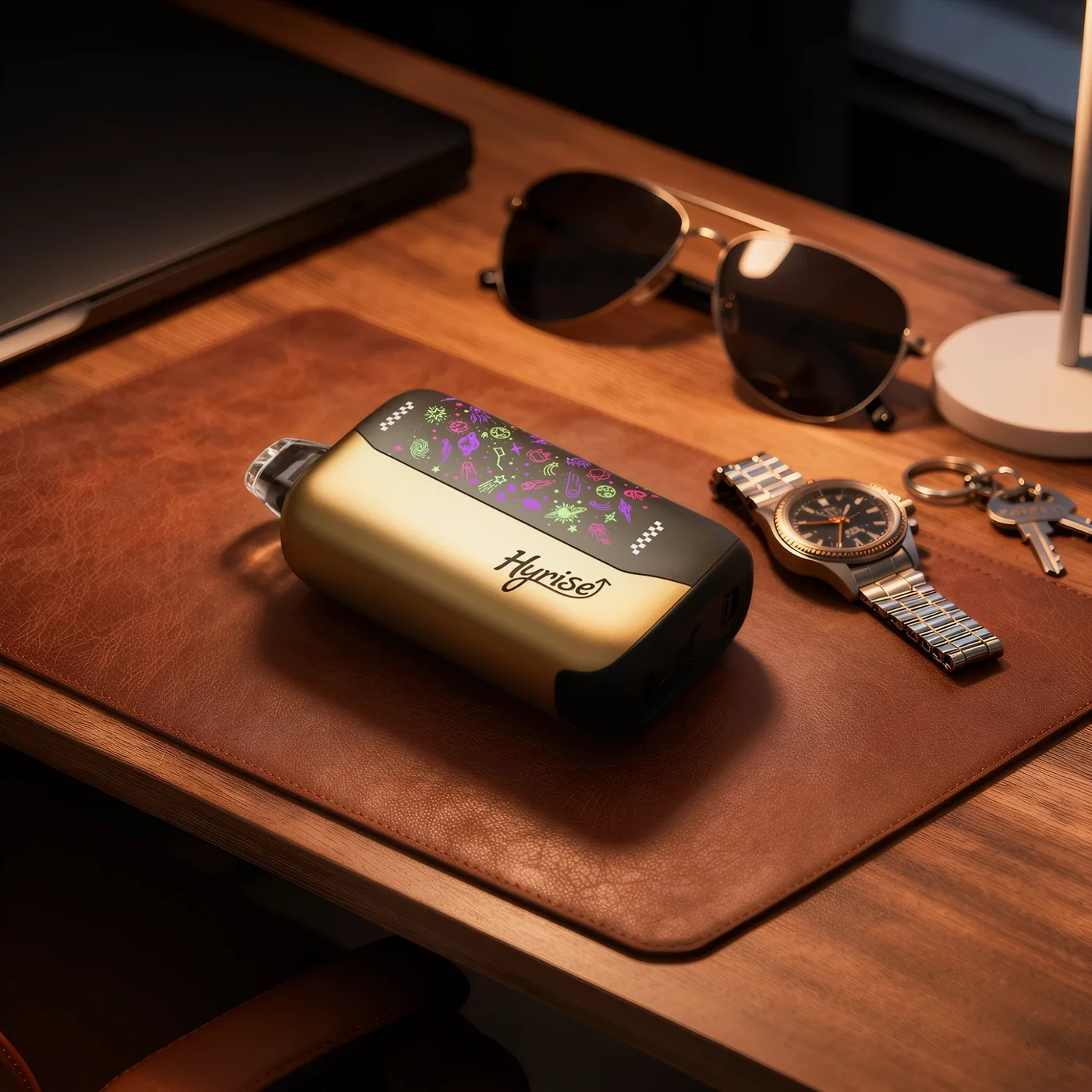 Hyrise device on a leather and wood desk